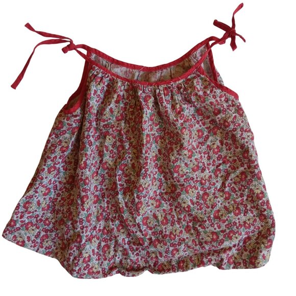 Vintage 2T 3T Floral Baby Girls Sleeveless Top With Red Trim & Tie Straps - Picture 1 of 4